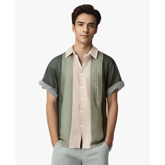 ❤️Men  Green Print Short Sleeve Hawaiian Fit Casual Button Down Beach Shirts - Picture 3 of 7